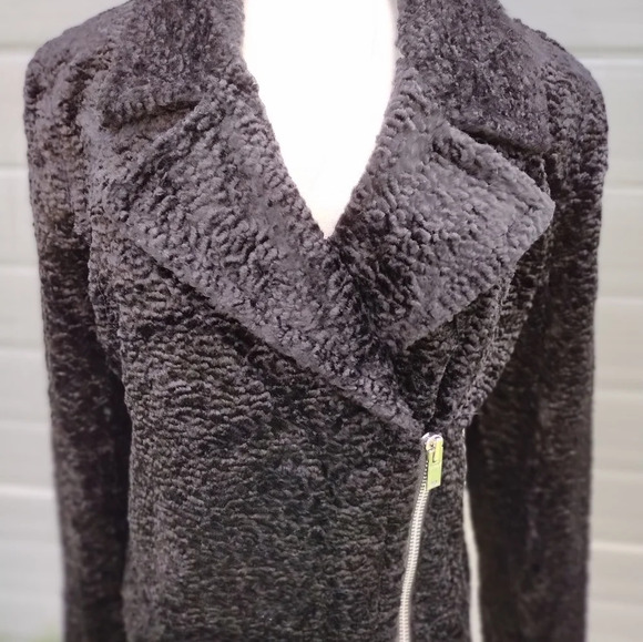 THEORY Black Crop Vegan Faux Fur Slim Moto Asymmetric Zip Cropped Jacket 8 US - Picture 3 of 11